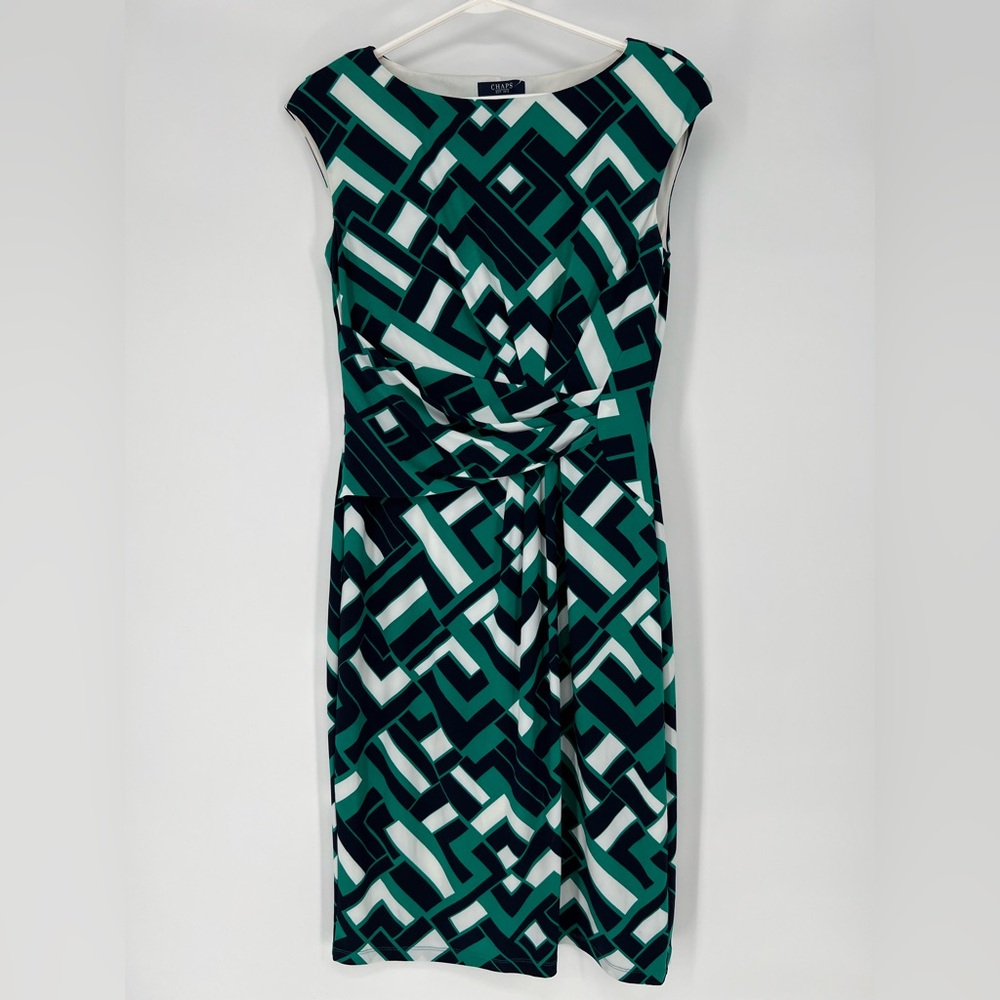 CHAPS EMERALD BLACK‎ &  WHITE NWOT GEOMETRIC PULLOVER DRESS PLEATED ACROSS WAIST